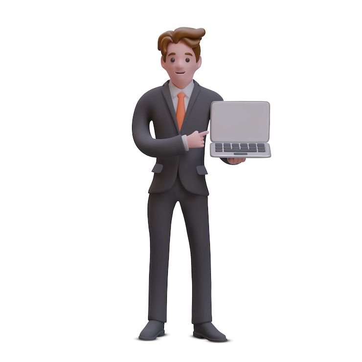 Vetor personagem masculino em terno de negócios está mostrando laptop com tela em branco