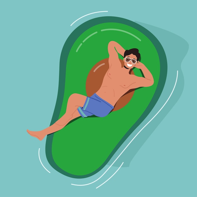 Personagem masculino engraçado flutuando no colchão de ar inflável em forma de abacate, aproveitando o verão, resort de férias ou hotel relaxar, flutuar na piscina, oceano ou mar. ilustração em vetor de desenho animado