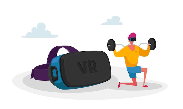 Personagem masculino esportivo com fone de ouvido de realidade virtual fazendo agachamento com halteres na academia