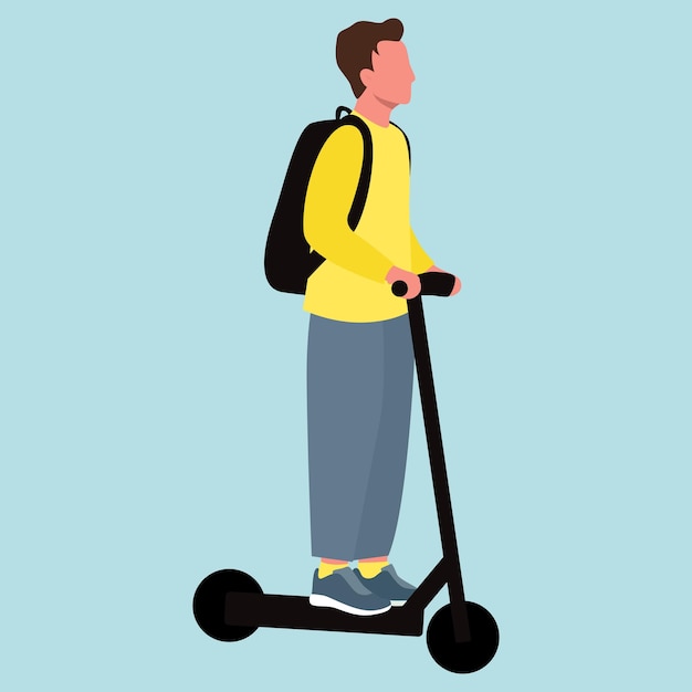 Personagem masculino jovem dirigindo ilustração vetorial plana de scooter de chute em fundo azul