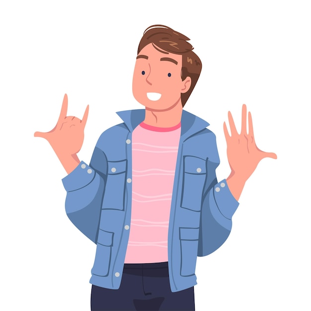 Personagem masculino mostrando sinal positivo de chifres como ilustração vetorial de gesto de mão