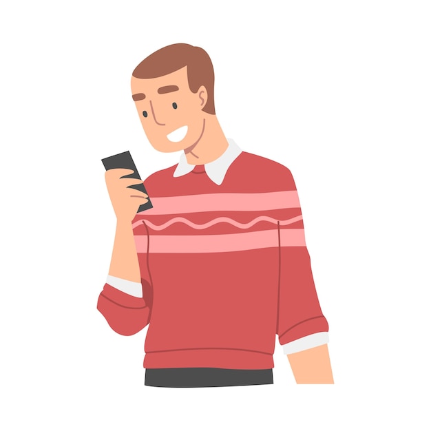 Personagem masculino recebendo boas novas lendo a mensagem e sorrindo felizmente Ilustração vetorial