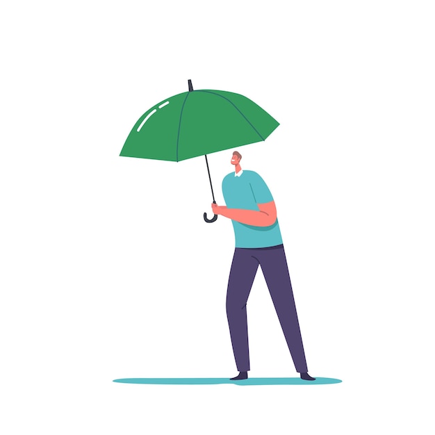 Personagem masculino segurando guarda-chuva isolado no fundo branco conceito de proteção de seguro de tempo chuvoso