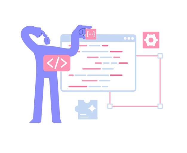 Vetor personagem moderno e plano procurando um erro no software ou programa de desenvolvimento de aplicativos e web