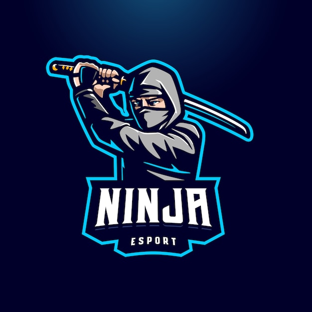 Personagem ninja segurando o logotipo da mascote katana esport isolado em fundo escuro