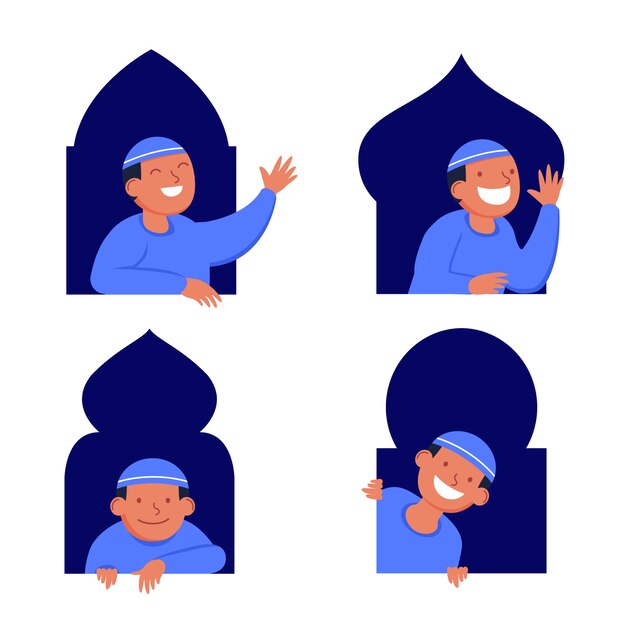 Personagem plana de menino muçulmano espiando pela janela