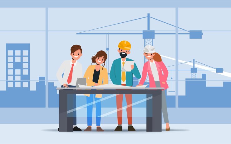 Vetor personagem plana de trabalho em equipe de engenharia vetor de desenho animado