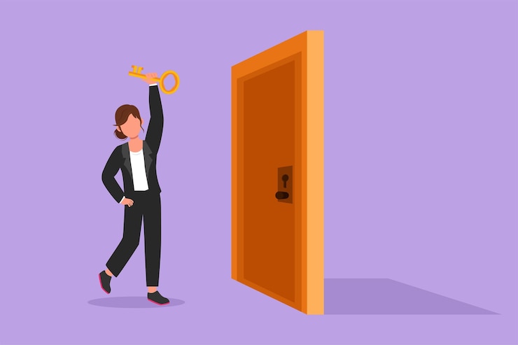 Vetor personagem plana desenhando jovem empresária levantando a chave na frente da porta mulher segurando a chave para abrir a porta da sala do escritório começando a manhã com espírito de sucesso para trabalhar ilustração em vetor de desenho animado