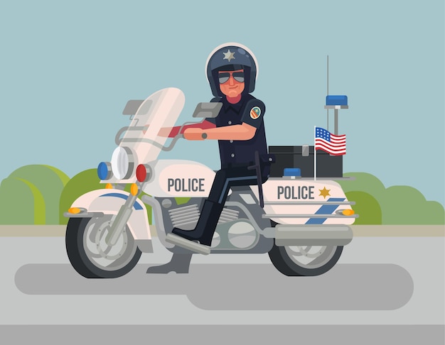 Personagem policial sentado em uma motocicleta plana ilustração dos desenhos animados