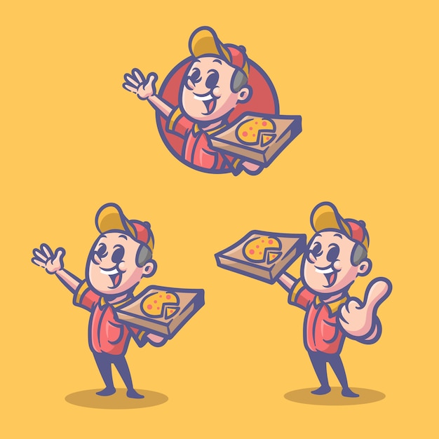 Personagem retrô de pizza deliveryman logotipo