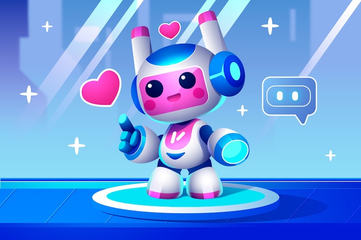 Personagem robô bonito e amigável com corações e ícone de chat.
