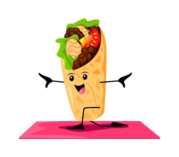 Personagem shawarma de fast food de desenho animado no esporte de fitness de ioga Burrito de café de fast food ou shawarma mascote engraçado refeição de restaurante de rua mexicana ou personagem feliz de vetor isolado agachado no tapete de ioga