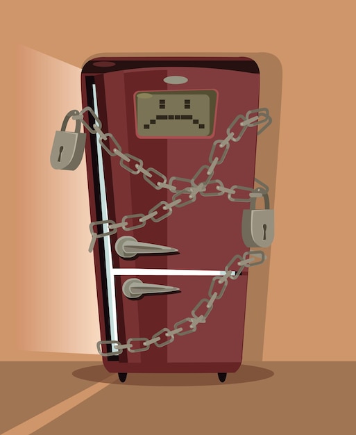 Personagem triste de geladeira bloqueado com ilustração de desenho animado