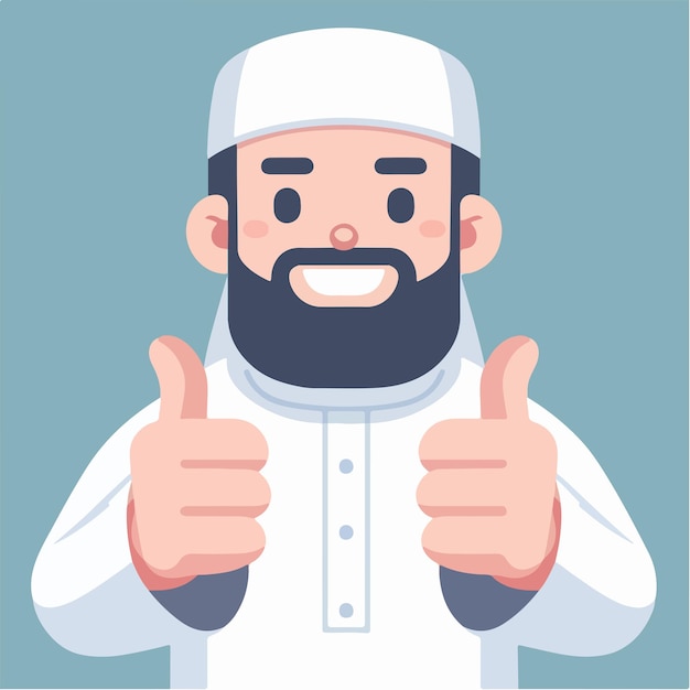 Vetor personagem vetorial de um homem muçulmano expressando um polegar para cima em um estilo de design plano