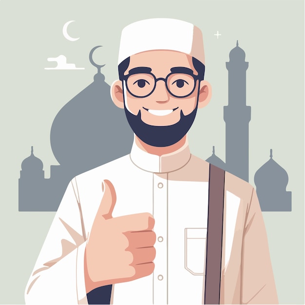 Vetor personagem vetorial de um homem muçulmano expressando um polegar para cima em um estilo de design plano
