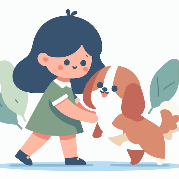 Personagem vetorial de uma garota com um cachorro estilo de design plano simples e minimalista