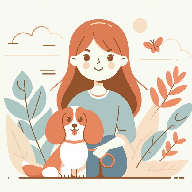 Personagem vetorial de uma garota com um cachorro estilo de design plano simples e minimalista