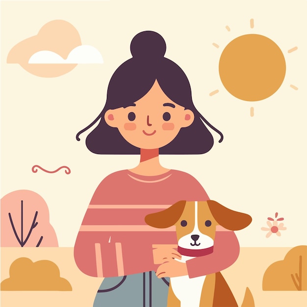 Personagem vetorial de uma garota com um cachorro estilo de design plano simples e minimalista