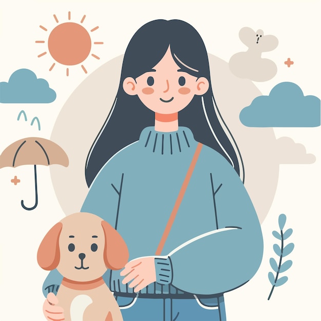 Personagem vetorial de uma garota com um cachorro estilo de design plano simples e minimalista