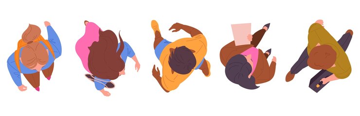 Vetor personagens caminhantes vista superior pessoas masculinas e femininas vista grupal de cima trabalhadores de escritório ou estudantes caminhando set de ilustrações vetoriais planas homens e mulheres de desenho animado caminhando vista superior