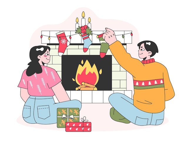 Personagens celebram o Natal e o Ano Novo família ou casal bonito jovem homem e mulher sentados