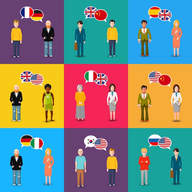 Personagens coloridos com bolhas do discurso com bandeiras de diferentes países em estilo design plano, ilustração de conceito de estudo de idioma