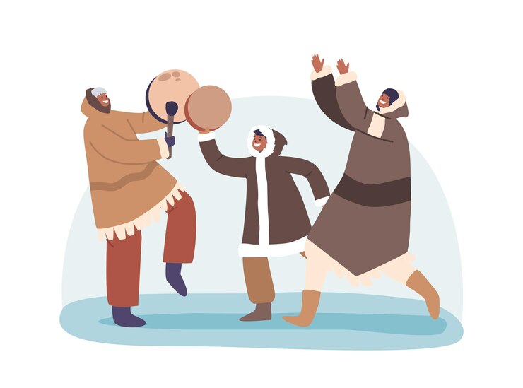Vetor personagens da família esquimó se reúnem em círculos animados dançando ao ritmo do tambor e do pandeiro, seus movimentos expressam a vitalidade de sua cultura e a batida da ilustração vetorial do ártico