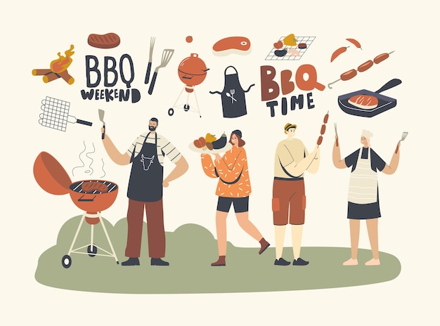 Personagens da família ou amigos passam algum tempo no churrasco ao ar livre. pessoas cozinhando e comendo salsichas e carne com legumes no jardim da frente, divertindo-se com um churrasco nas férias de verão. ilustração vetorial linear