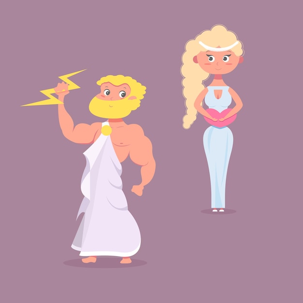 Personagens da mitologia antiga dos desenhos animados, homem e mulher isolados. cultura grega do personagem da história da imagem dos desenhos animados. ilustração vetorial