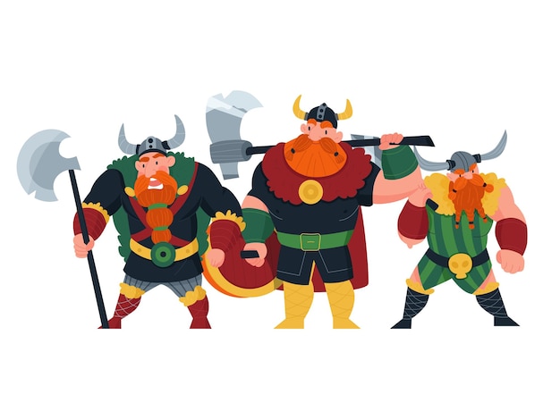 Vetor personagens da mitologia escandinava dos desenhos animados vikings traje norueguês guerreiro vikings masculino e feminino ve