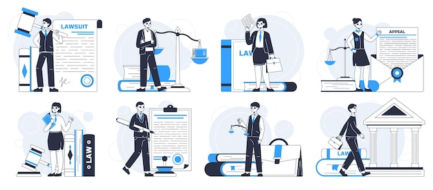 Personagens de advogados, trabalhadores de escritórios de advocacia e conjunto de ilustração vetorial de advogado profissional de serviço jurídico