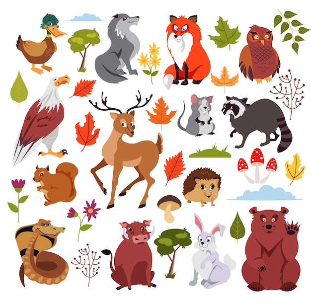 Personagens de animais da floresta selvagem com plantas, cogumelos e árvores. gráfico para livro infantil. ilustração isolada dos desenhos animados