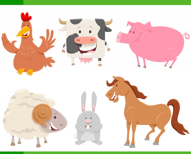 Personagens de animais de fazenda feliz dos desenhos animados conjunto