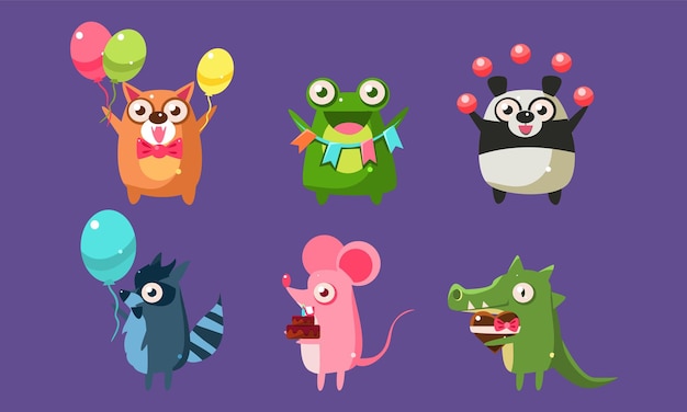 Personagens de animais engraçados se divertindo na festa de aniversário Configurar adesivos bonitos com bebês animais Cão Sapo Panda Urso Rato Crocodilo Ilustração vetorial