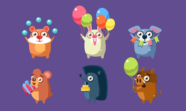 Personagens de animais engraçados se divertindo na festa de aniversário Configurar adesivos bonitos com bebês animais hamster coelho cão urso ouriço javali ilustração vetorial