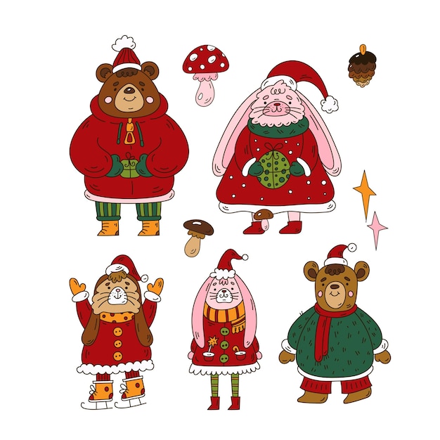 Personagens de animais fofinhos de natal em estilo doodle ursos de coelho em roupas quentes