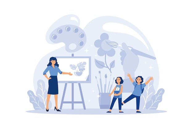 Personagens de artistas desenhando na tela no cavalete durante a aula de arte Hobby Cartoon ilustração plana