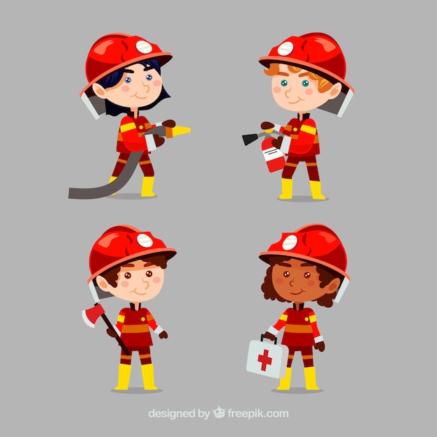 Vetor personagens de banda desenhada bombeiro em ação