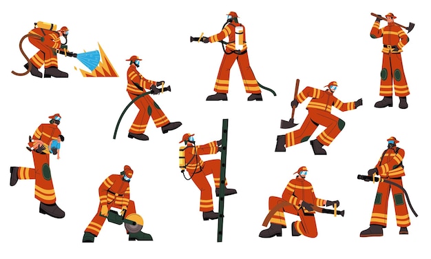 Personagens de bombeiro Bombeiro de desenho animado de uniforme com equipamento de resgate trabalhador de emergência com extintor de mangueira balde machado Vector conjunto isolado