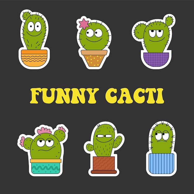 Personagens de cactos desenhados à mão, defina adesivos engraçados de cactos com diferentes emoções em estilo retrô