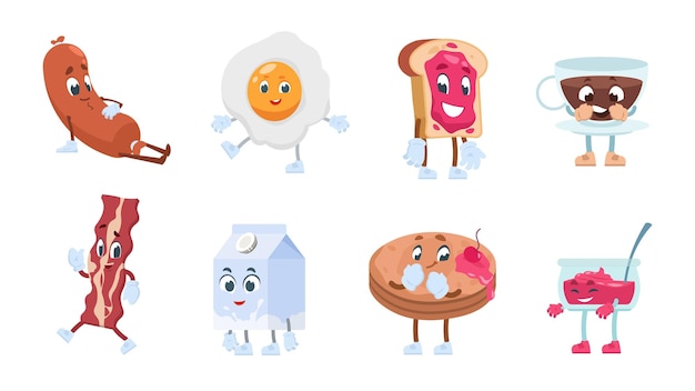 Personagens de café da manhã. comida de café da manhã com lindos rostos kawaii, torradas de ovos com geleia de café com leite e pastéis de padaria. ilustração vetorial objetos engraçados manhã sorrindo comida para quadrinhos ilustrados