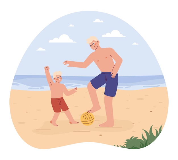 Personagens de calção de banho passando o tempo na praia pai