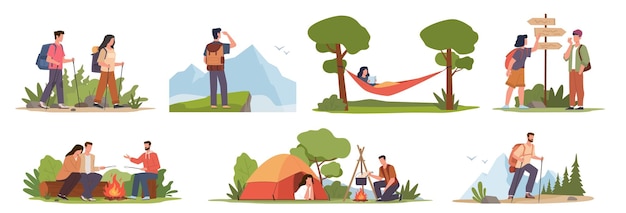 Personagens de caminhada de desenhos animados expedição de turistas masculinos e femininos viajando na natureza pessoas sentadas perto do fogo descansando em exploradores de tenda aventura estilo de vida saudável vetor conjunto de passatempo ativo