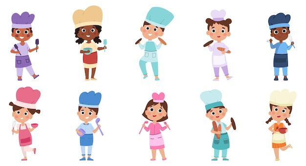 Personagens de chefs de bebê jovens profissionais usam uniforme de cozinheiro crianças cozinhando comida na cozinha conjunto de ilustração vetorial lil chefs em uniformes e bonés