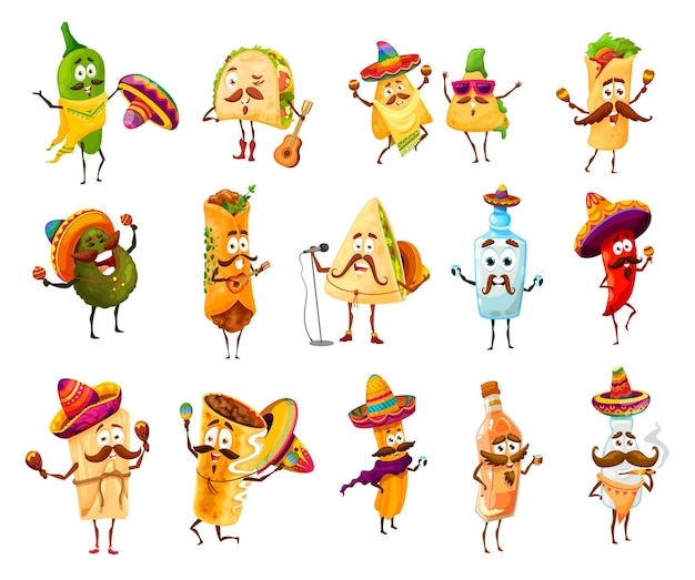 Personagens de comida tex mex engraçados dos desenhos animados mexicanos