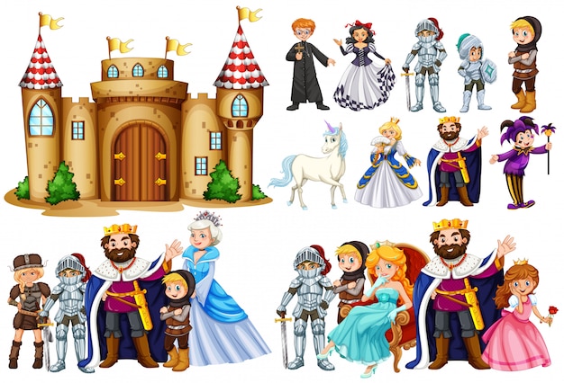 Vetor personagens de conto de fadas e construção de castelo