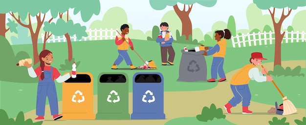 Personagens de crianças limpando o jardim. Proteção da ecologia, conceito de caridade social. Voluntários limpando lixo no parque