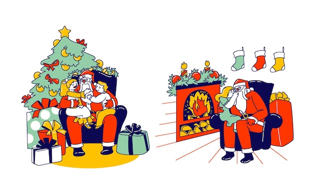 Personagens de crianças pequenas sentadas sobre os joelhos do papai noel sussurrando em seu ouvido, contando segredos, revelando o presente que gostariam de receber, falando sobre como se comportaram durante o ano. ilustração em vetor de pessoas lineares