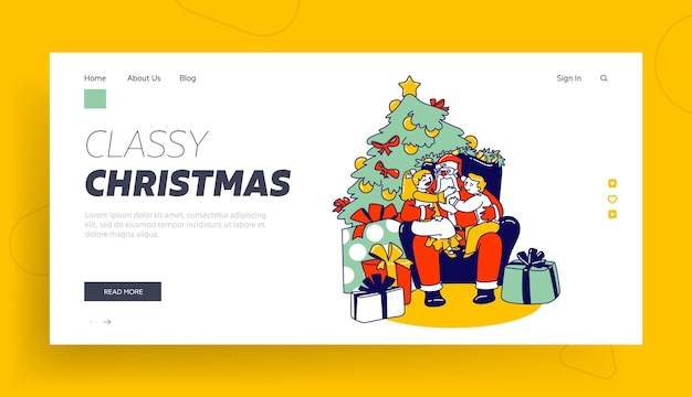 Personagens de crianças sentadas no modelo de página de destino de joelhos de Papai Noel. Crianças sussurrando no ouvido falando como se comportaram durante o ano, contando segredos e presentes. Ilustração vetorial de pessoas lineares