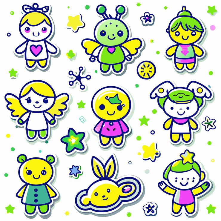 Vetor personagens de desenho animado adoráveis com asas, estrelas e flores.
